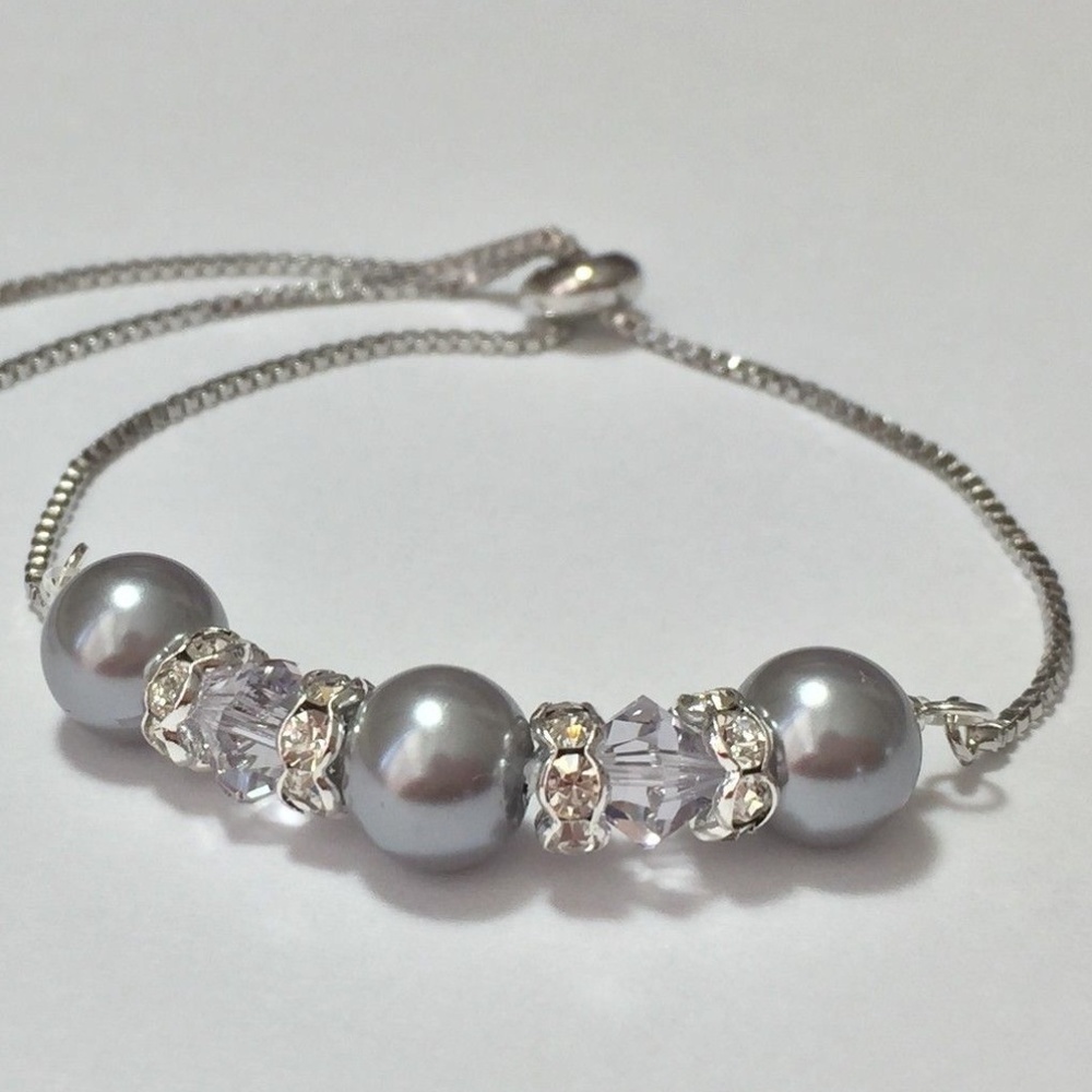 Gray Glass Pearls w/ Gray Crystal Bolo Bracelet